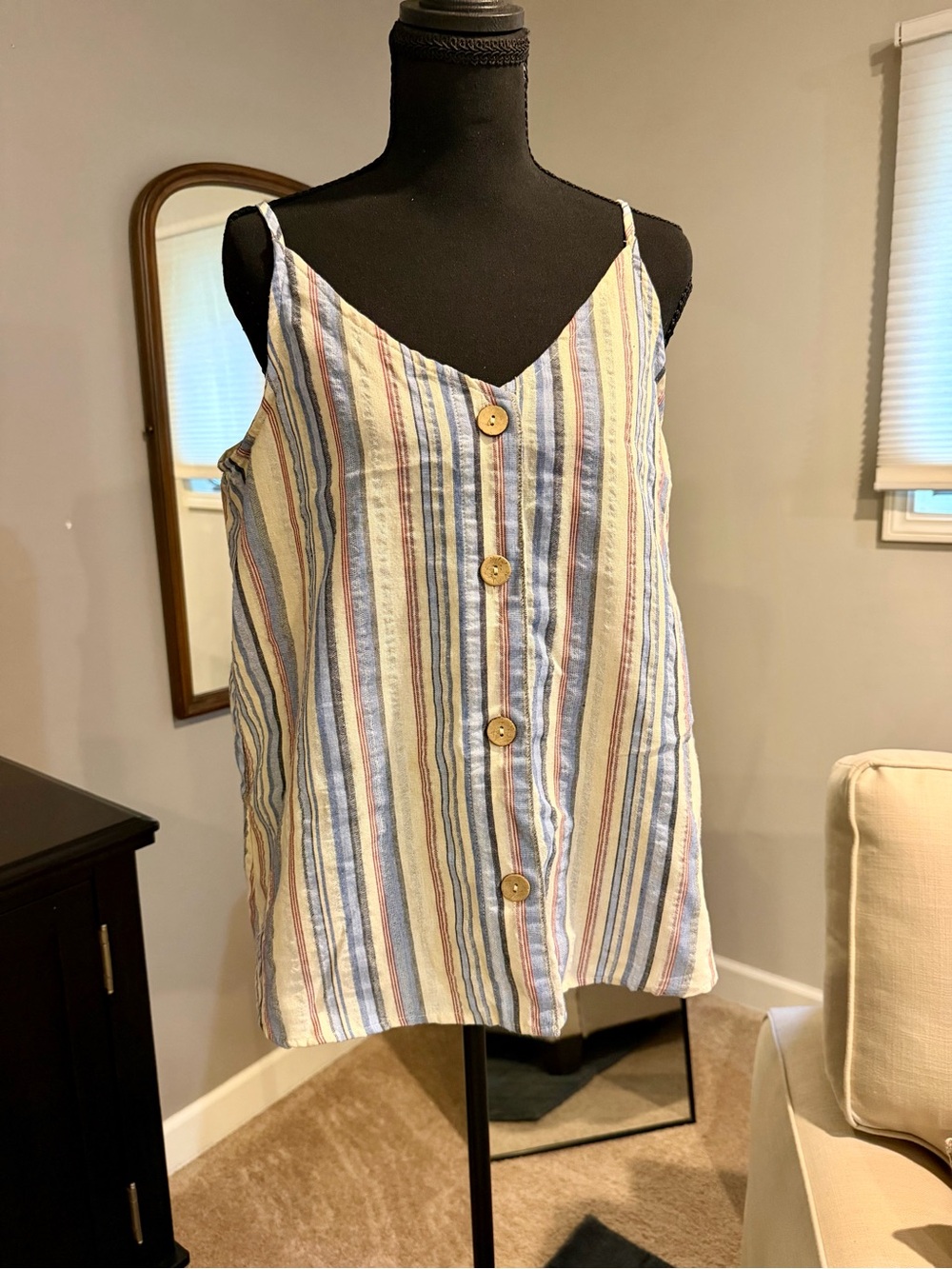 entro Striped Button-Front Tank in Blue, Cream & Tan
